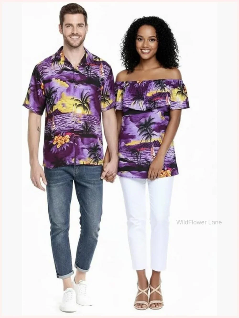 Couple Matching Hawaiian Luau Set - Off-Shoulder Ruffle Top & Aloha Shirt